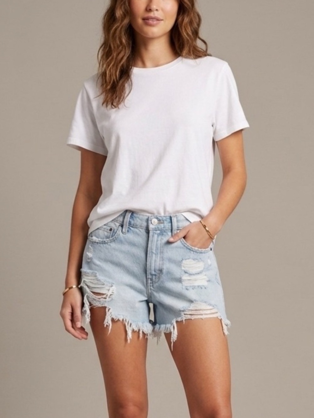 Abercrombie & Fitch Women’s Mid-Rise
Boyfriend Short in Distressed Light Wash